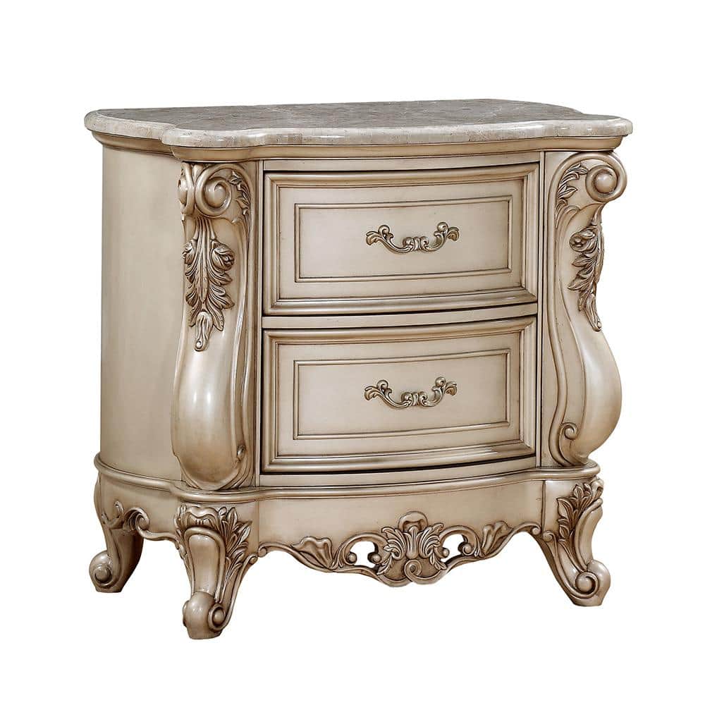 Gorsedd Antique Champagne 2-Drawer Nightstand with Marble Top