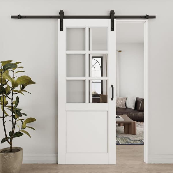 ARK DESIGN 32 in. x 80 in. 6 Lite Tempered Clear Glass White Primed MDF Sliding Barn Door with Hardware Kit
