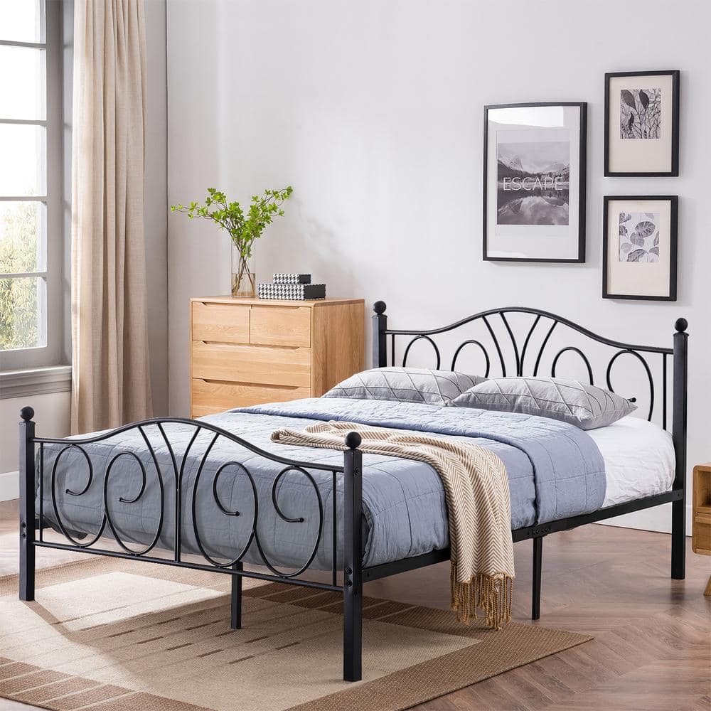 Victorian Black Metal Queen Platform Bed Frame with Headboard and Footboard