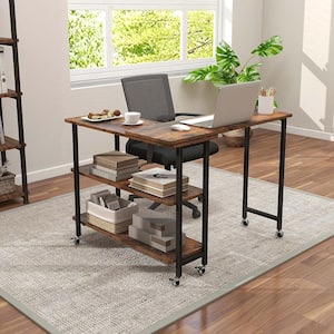 35.5 in. Rustic Brown L-shaped Wood 360° Rotatable Sofa Side Table Laptop Desk Snack Table w/2-Tier Shelf