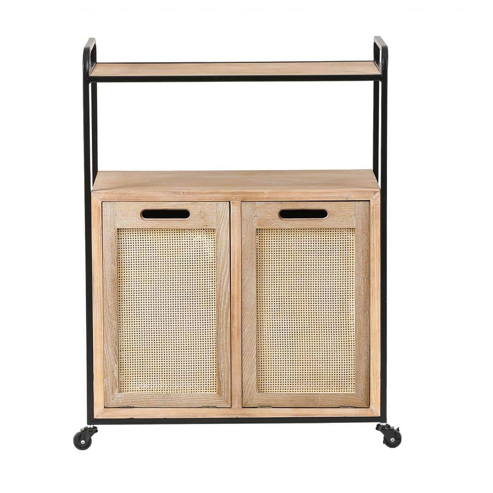 Natural Wood and Rattan Mobile Storage Cart with Wheels