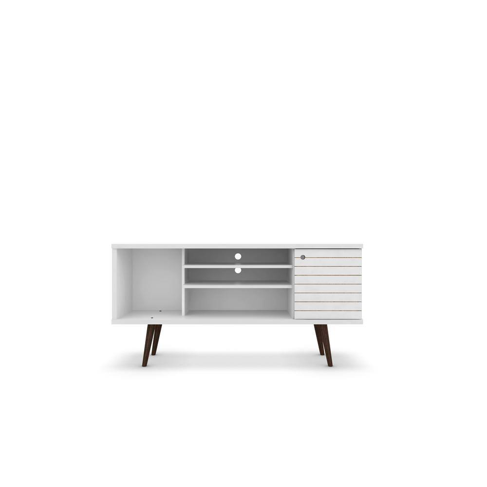 White Mid-Century Modern TV Stand with Cabinet and Shelves