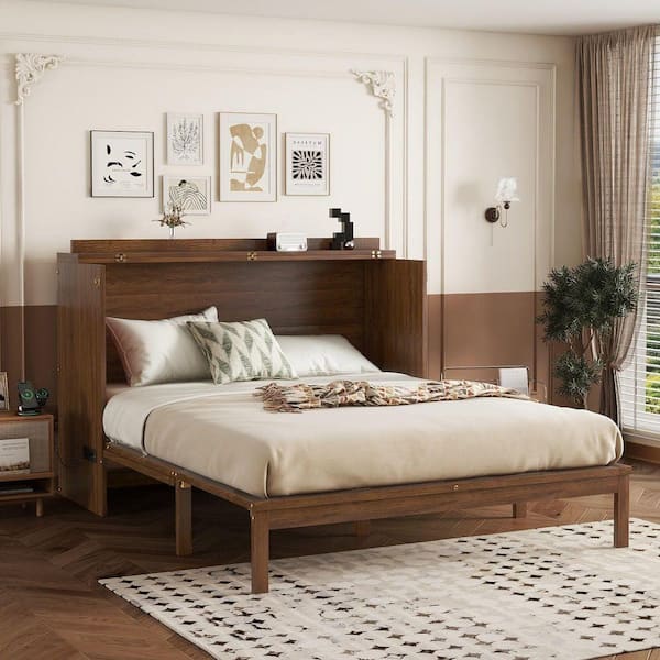 Walnut Brown Wood Frame Queen Size Murphy Bed with Rattan Decoration Panel, 2 Drawers and Power Station