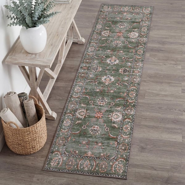 Arabella Vintage Floral Border Machine-Washable Green/Brown 2 ft. x 8 ft. Runner Rug