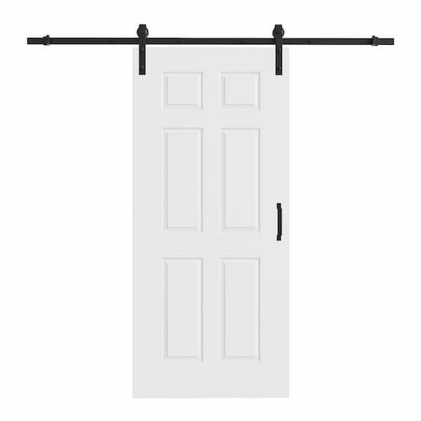 36 in. x 80 in. 6 Panel White Primed Solid Core MDF No Assembly Required Sliding Barn Door with Hardware Kit