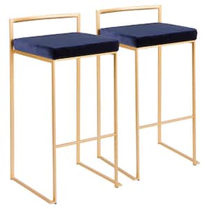 Fuji 30 in. Gold Stackable Bar Stool with Blue Velvet Cushion (Set of 2)