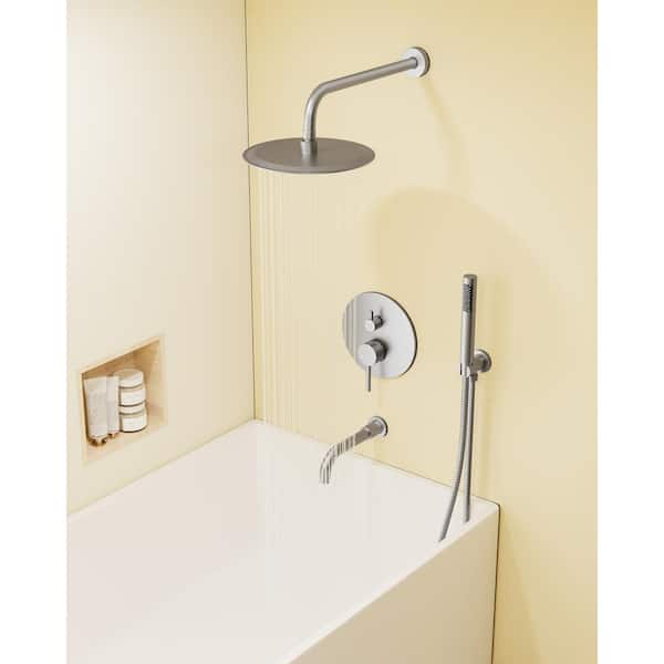 Double Handles 3-Spray 10 in. Wall Mount Shower Head Tub and Shower Faucet in Brushed Nickel (Valve Included)