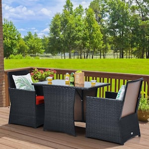3-Piece Patio Wicker Bistro Set PE Rattan Dining Table Set with Red Cushions