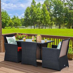 3-Piece Patio Wicker Bistro Set PE Rattan Dining Table Set with Red Cushions