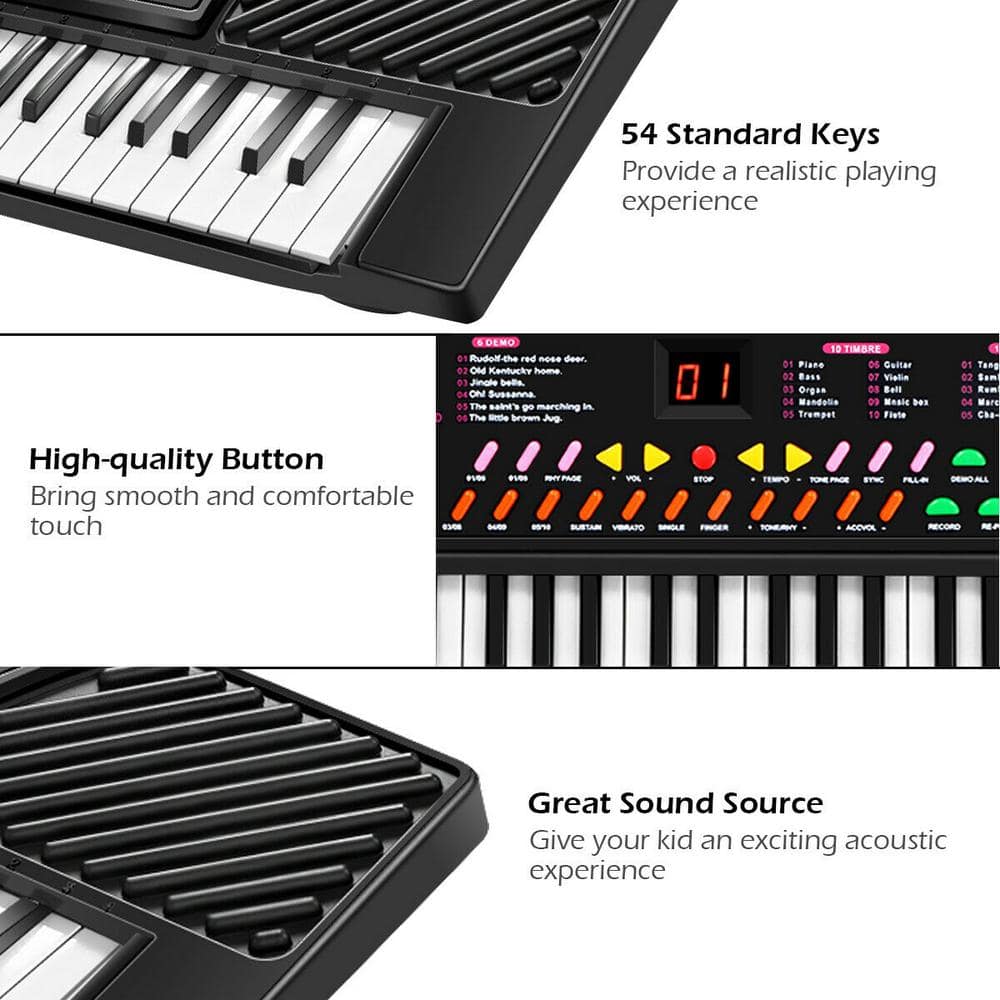 54-Key Black and White Electronic Keyboard with Microphone