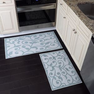 Floral Gray/Teal 44 in. x 24 in. and 31.5 in. x 20 in. Washable, Thin, Multipurpose Kitchen Rug Mat (Set of 2)
