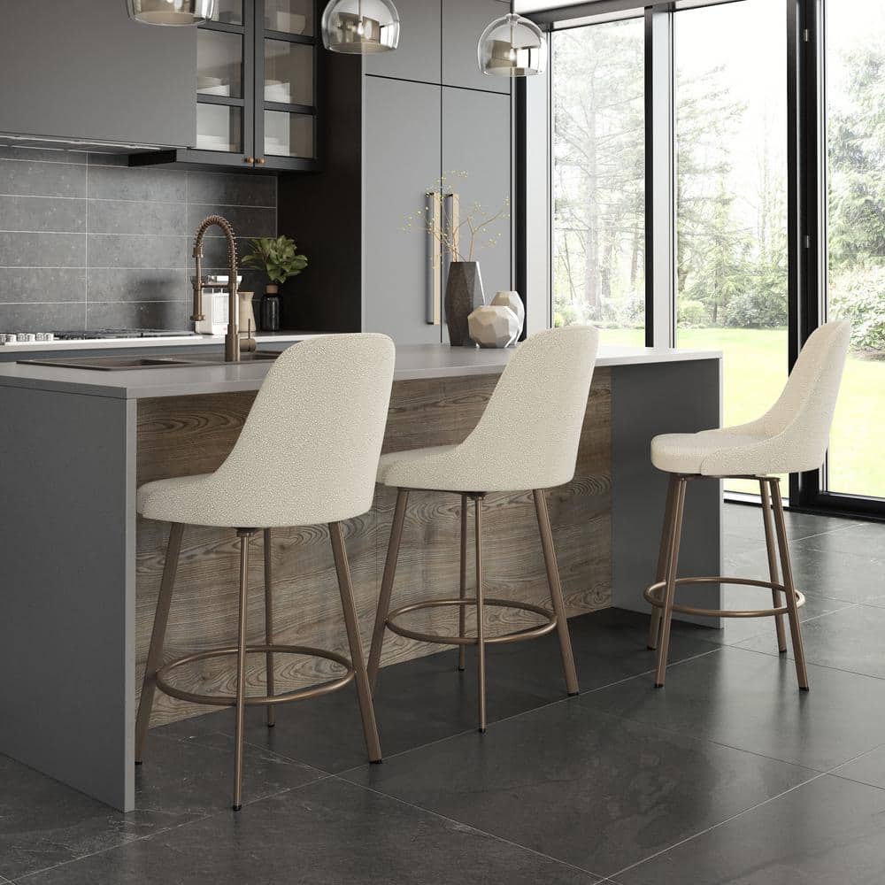 Cream Bouclé Polyester and Bronze Metal Swivel Bar Stool