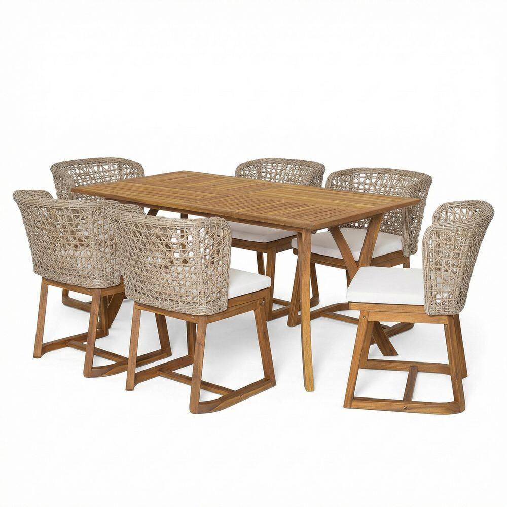 Vasudha 7-Piece Rectangle Beige Solid Wood Top Dining Table Set Seats 6 price history on PriceWatchPro