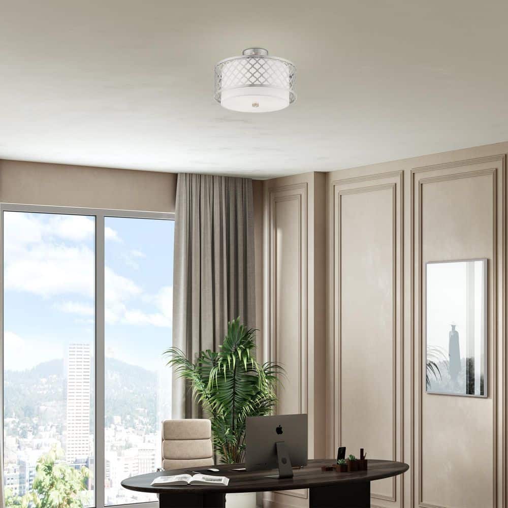 Arabesque Brushed Nickel 3-Light Semi-Flush Mount with Off-White Fabric Shade