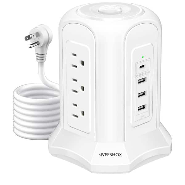 9-Outlet Power Strip Tower Surge Protector with USB Ports, 10 ft. Extension Cord, White