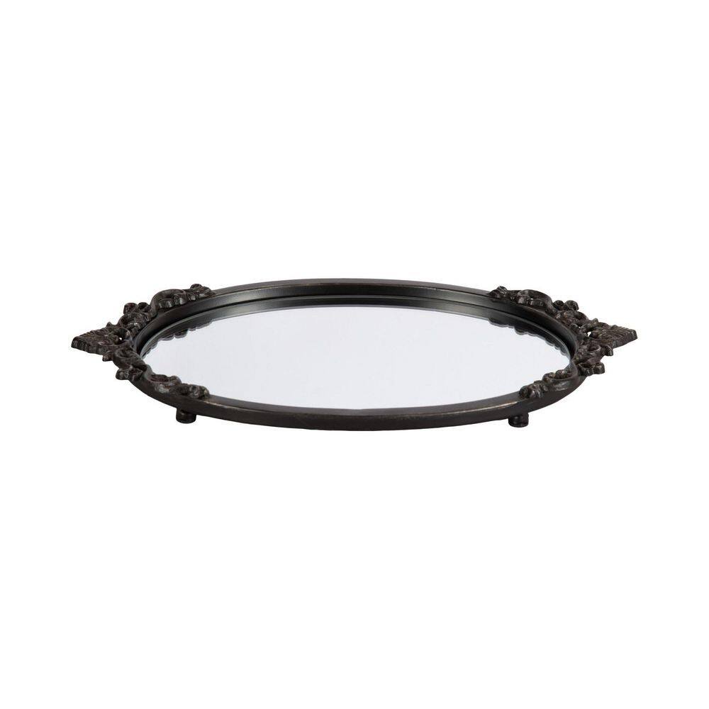 Antique Black Ornate Oval Mirrored Decorative Tray