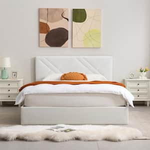 Cream White Plywood Frame Queen Upholstered Platform Bed with Lifting Storage