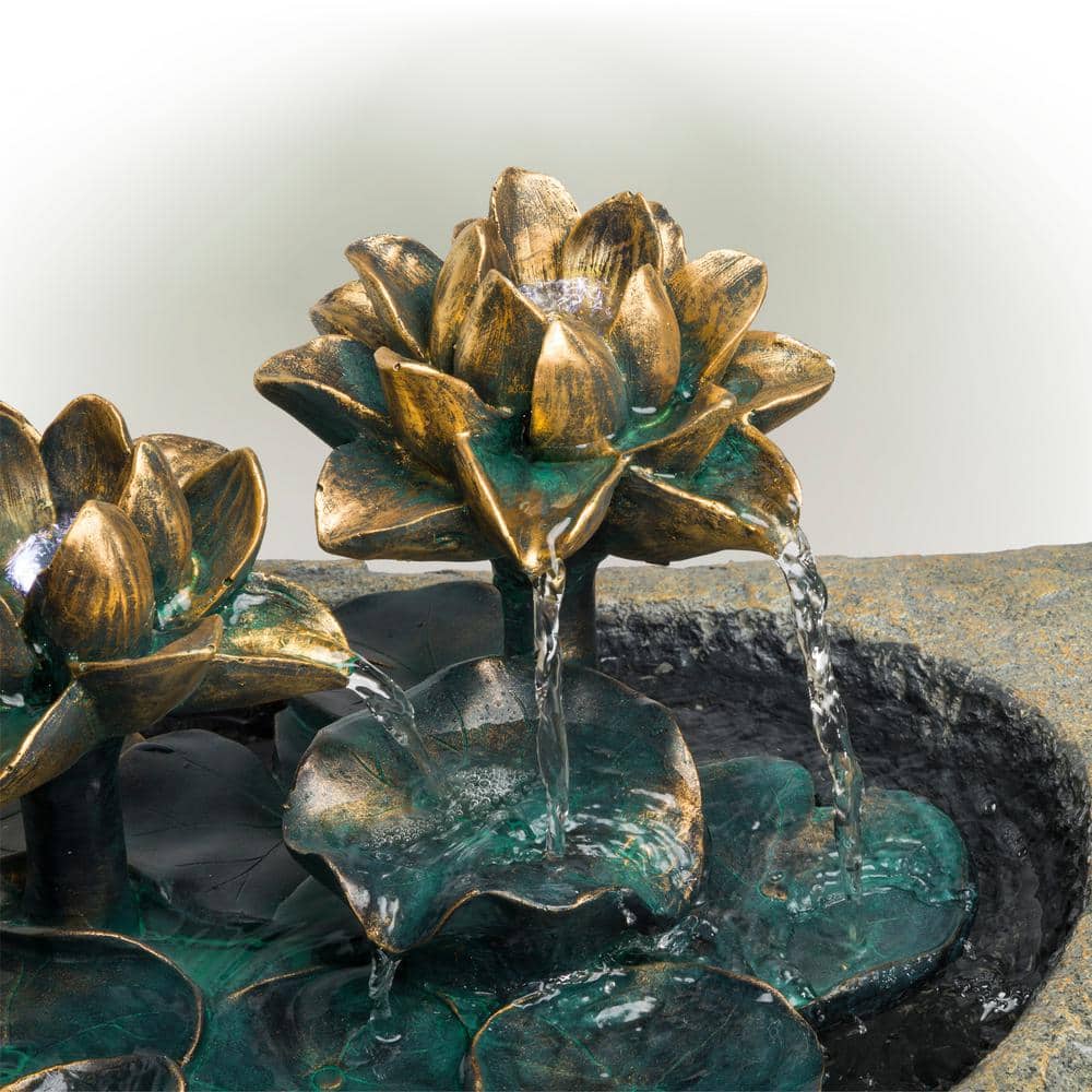 Solar Powered Brown Polyresin Lotus Rock Fountain with LED Lights