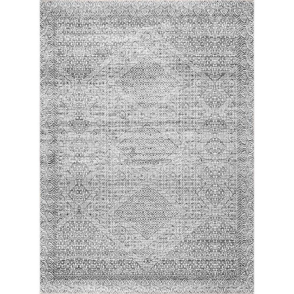 Gray Abstract Tribal Machine Washable Area Rug