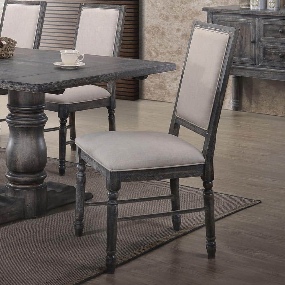 Elegant Gray Linen High-Back Wood Side Chair with Turned Legs