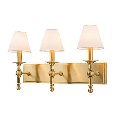 Classic 24 in. 3-Light Warm Brass Vanity Light with White Fabric Shades