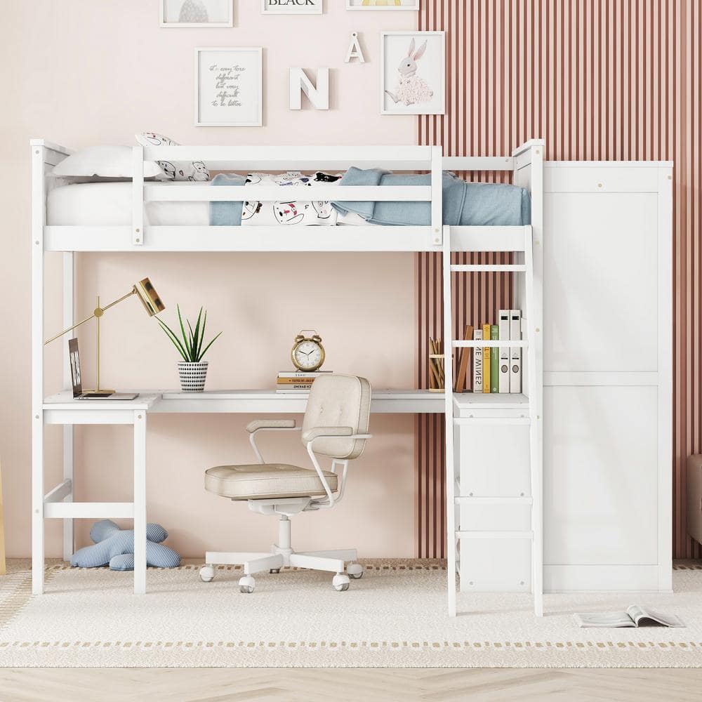 Harper & Bright Designs White Twin Size Wood Loft Bed with Desk ...