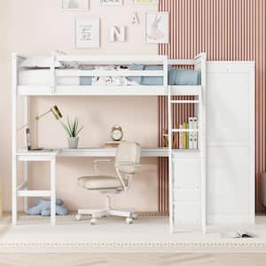 White Twin Size Wood Loft Bed with Desk, Shelves, Ladder and Wardrobe