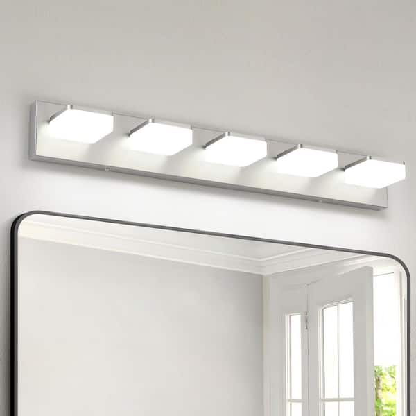 32.28 in. 5-Light Nickel LED Vanity Light with Dimmable 5500K Light and 270° Swivel Range Acrylic Lampshade