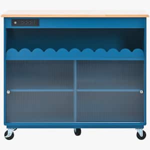 Blue Wood 44 in. Kitchen Island with Drop Leaf LED Light Wheels Power Outlets 2 Sliding Fluted Glass Doors Cabinet