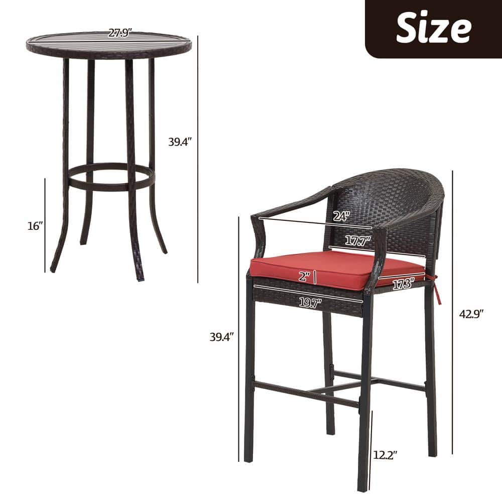Brown and Red Wicker 3-Piece Outdoor Bistro Set with Steel Frame