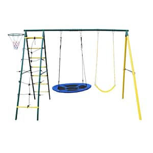 Multi-Person Metal Swing Set for Kids Outdoor Backyard Playground Swing Set with Ladder and Basketball Hoop, Blue