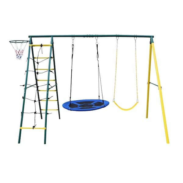 Multi-Person Metal Swing Set for Kids Outdoor Backyard Playground Swing Set with Ladder and Basketball Hoop, Blue
