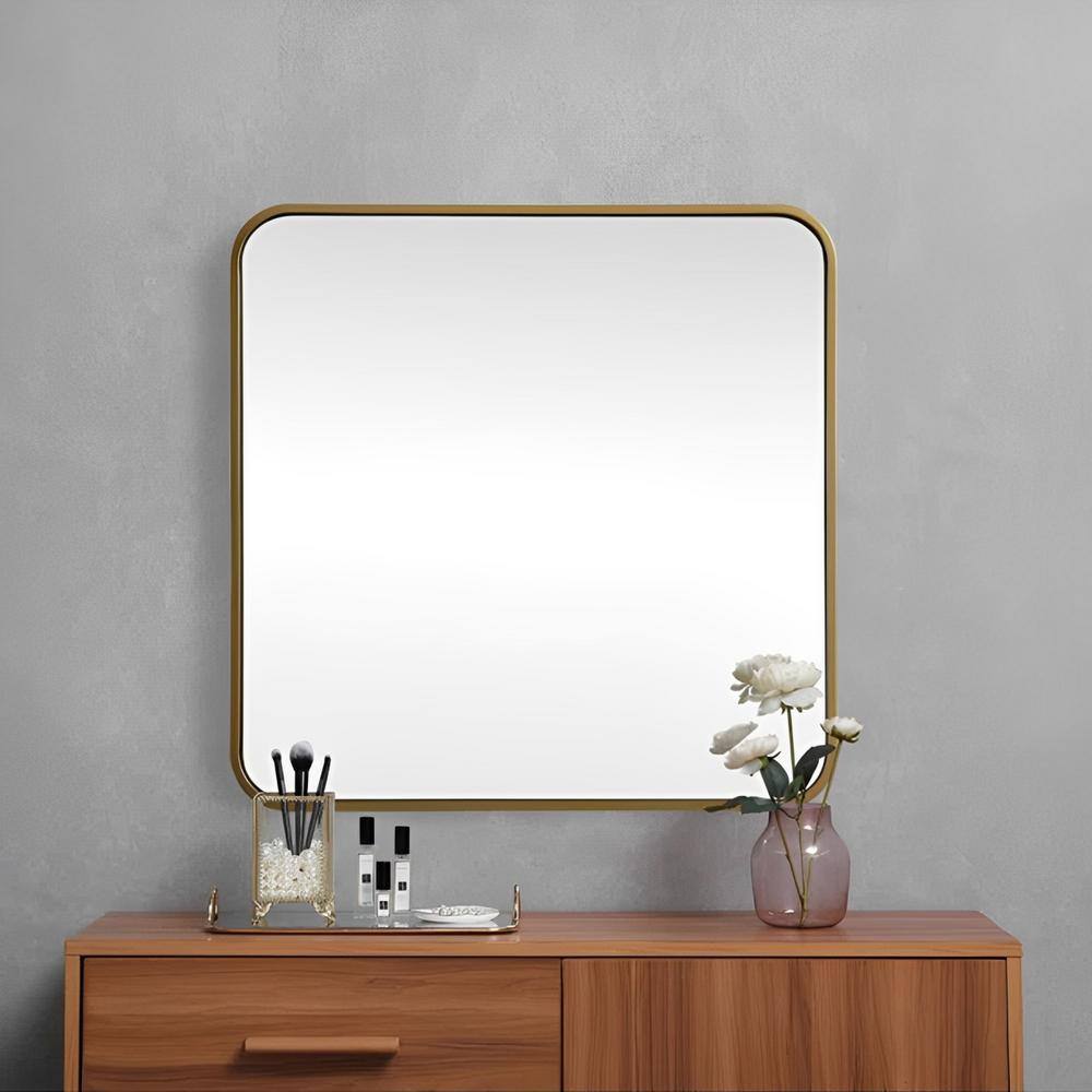 32 in. W x 32 in. H Square Brown Wood Framed Wall Mirror for Living Room Ba