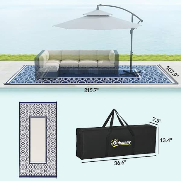 Outsunny - Blue and White Gourd Border 9 ft. x 18 ft. Waterproof Plastic Straw Floor Mat Large Reversible Outdoor Rug Area Rug