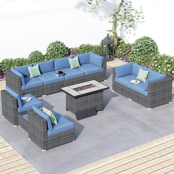 HOOOWOOO Messi Grey 10-Piece Wicker Outdoor Patio Fire Pit Conversation Sofa Sectional Set with Denim Blue Cushions