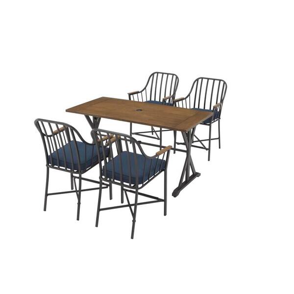 Stylewell Bedford Farmhouse 5 Piece Steel Rectangle Balcony Height Outdoor Patio Dining Set With Blue Cushions Fm 18168 The Home Depot