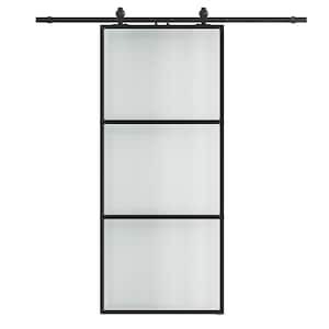 24 in. x 84 in. Full-Lite Tempered Frosted Glass Black Metal Frame Interior Sliding Barn Door with Hardware Kit