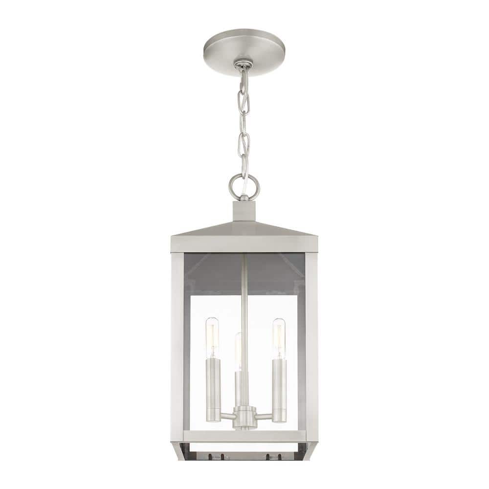 Brushed Nickel 3-Light Outdoor Pendant Lantern with Clear Glass