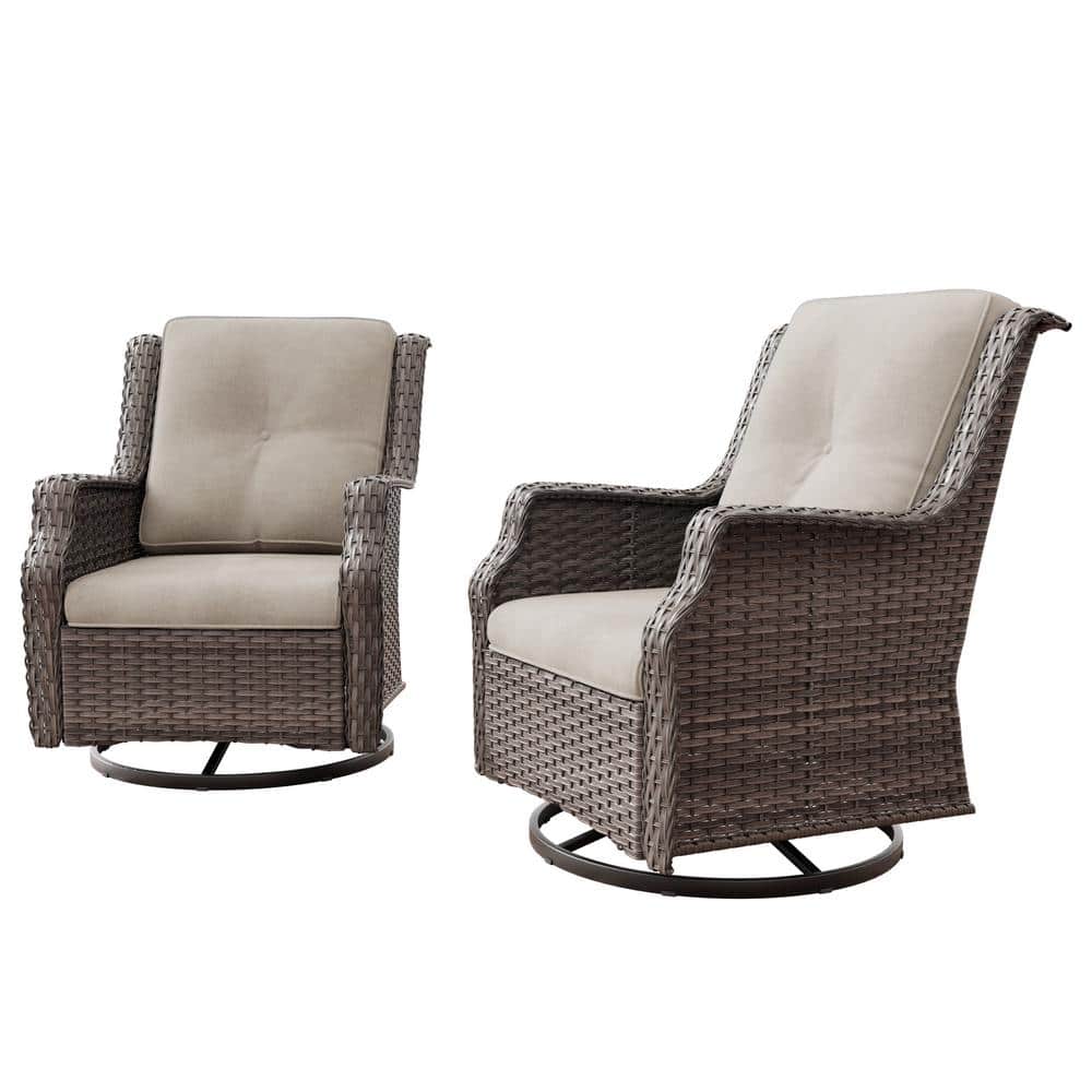 Beige and Gray Wicker Swivel Rocking Patio Chairs with Cushions