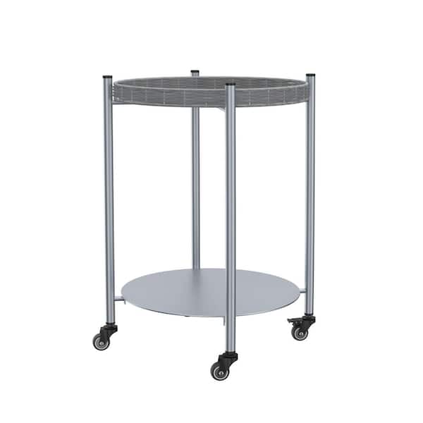 Flynama 2-Tier Metal Movable Round Side Coffee Table in Silver with Wheels, Bedside Nightstand