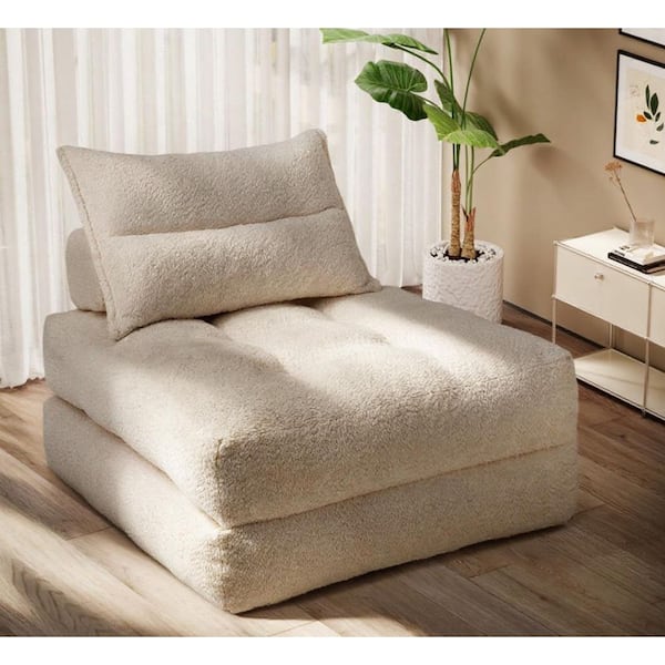 33.86 in. Beige Teddy Fabric Twin Size Sofa Bed, 3-in-1, Pet-Friendly, Scratch-Resistant, Heavyweight Fabric