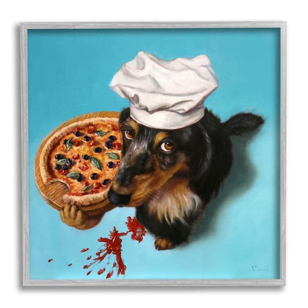 Stupell Industries Dog Chef Pizza Bite Portrait by Lucia Heffernan 1-Piece Gray Framed Animal Giclee Art Print 24 in. x 24 in.