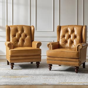 Alberto Camel 34 in. W Traditional Oil Wax Genuine Leather Accent Chair with Soild Wood Legs (Set of 2)