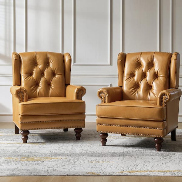 JAYDEN CREATION Alberto Camel 34 in. W Traditional Oil Wax Genuine Leather Accent Chair with Soild Wood Legs (Set of 2)