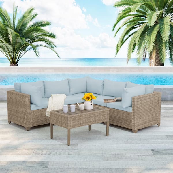 TK CLASSICS Maui 6-Piece Wicker Patio Conversation Set with Sky Blue Cushions