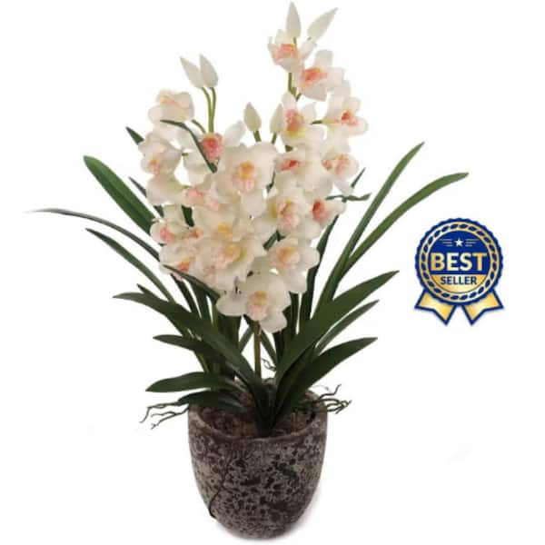 Larksilk 38in. Artificial White Silk Cymbidium Orchid Stem, Floral Home by Artificial Flowers