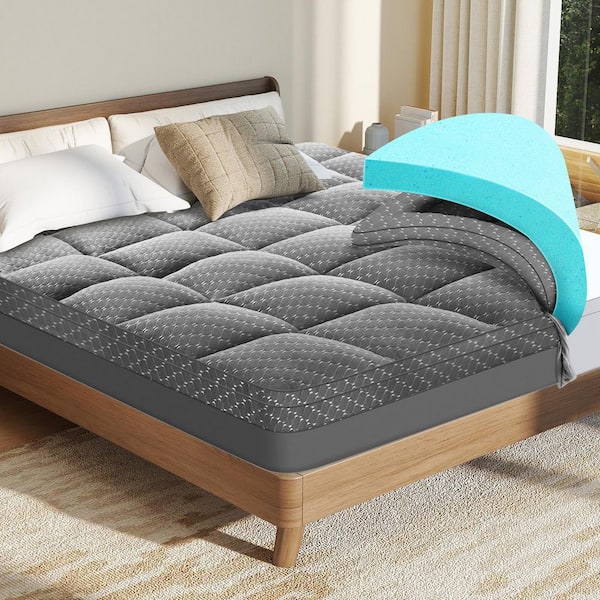 2-in-1 3 in. Gel Memory Foam Mattress Topper with Detachable Pillow Top Mattress Pad Cover, King Size, Deep Gray