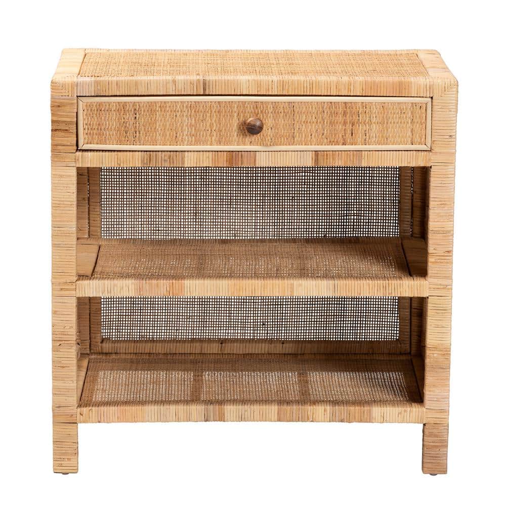 Bella Natural Brown Mahogany Wood and Rattan 1-Drawer Console Table