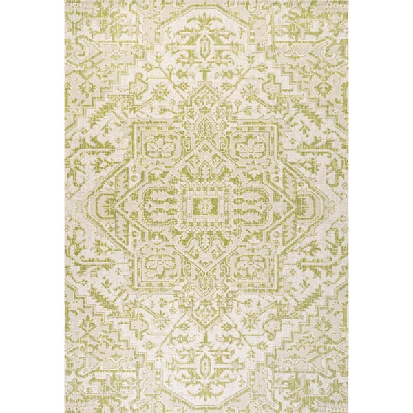 Estrella Bohemian Medallion Textured Weave Cream/Green 5 ft. x 8 ft. Indoor/Outdoor Area Rug