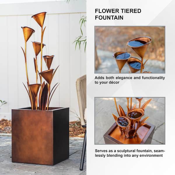 Metal Sculptural Multi-Tiered Flower Water Fountain, Bronze, 46 in. Tall